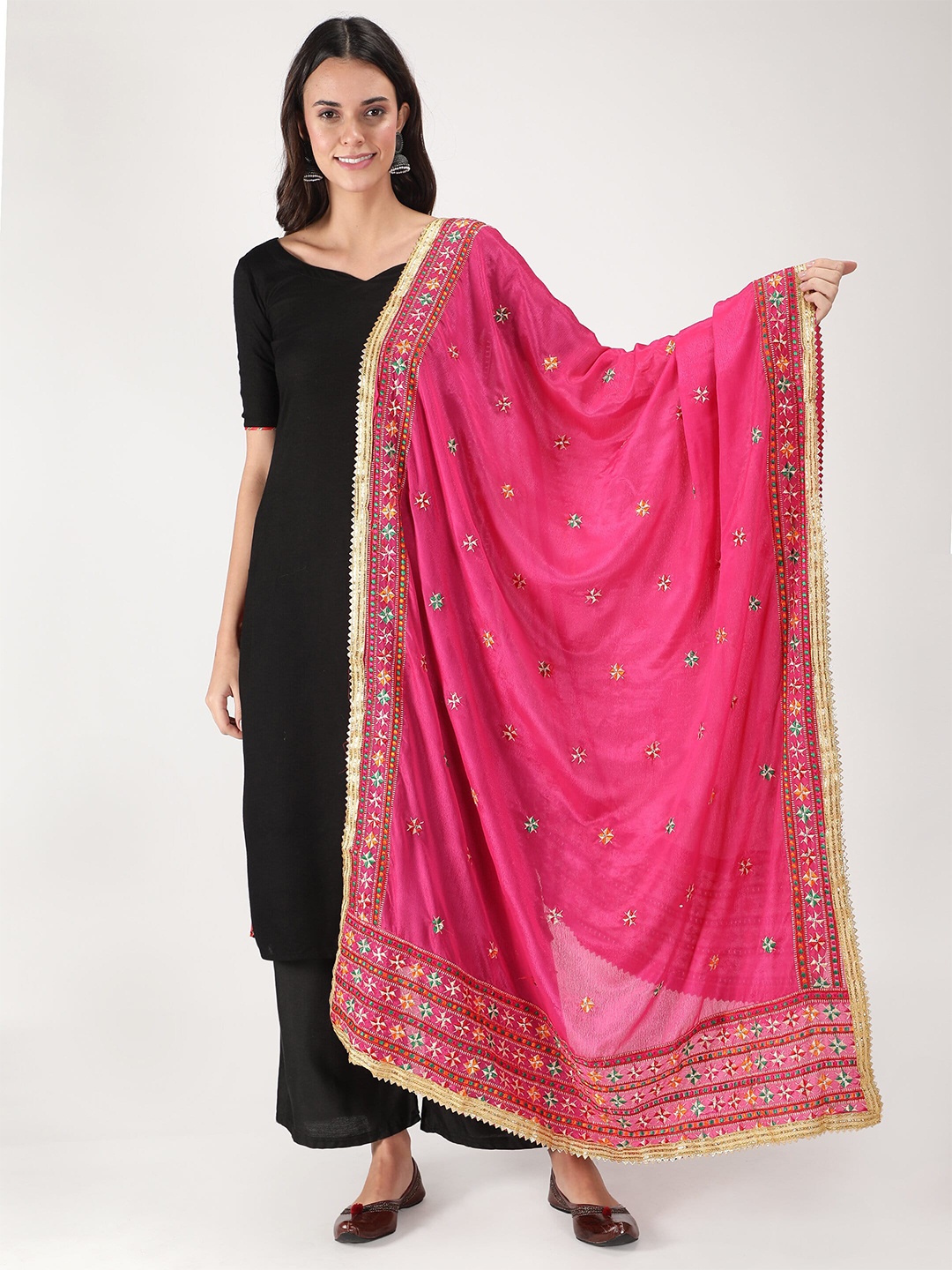 

Zamour Embroidered Dupatta with Phulkari, Pink