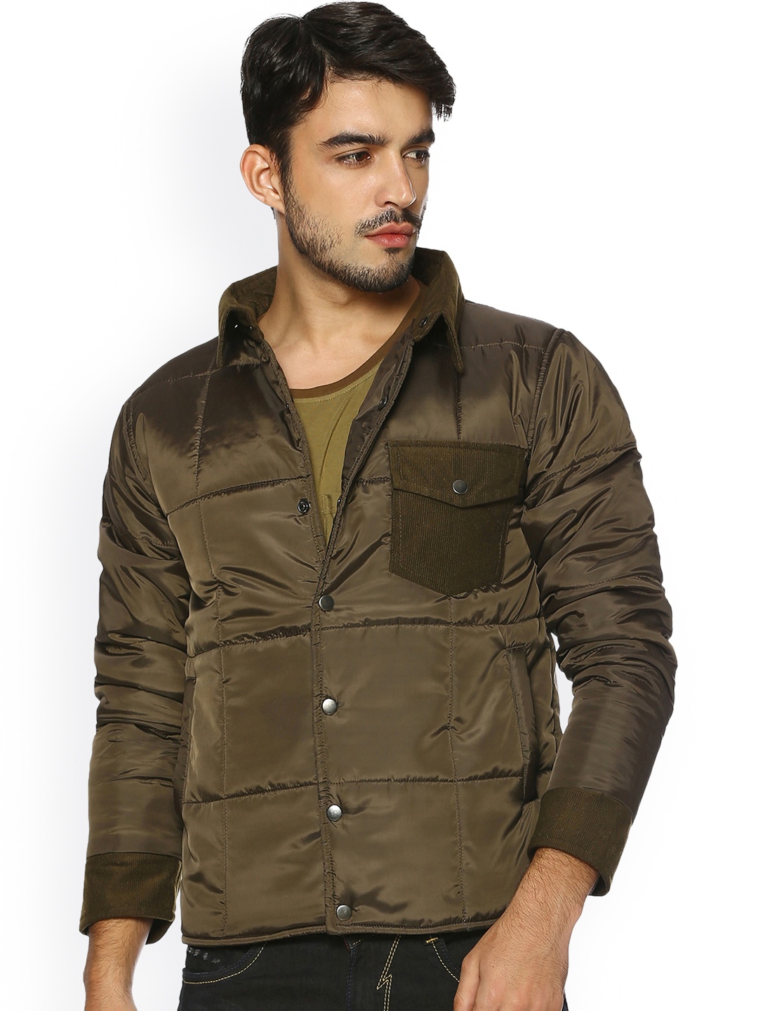 

Campus Sutra Men Olive Green Solid Quilted Jacket