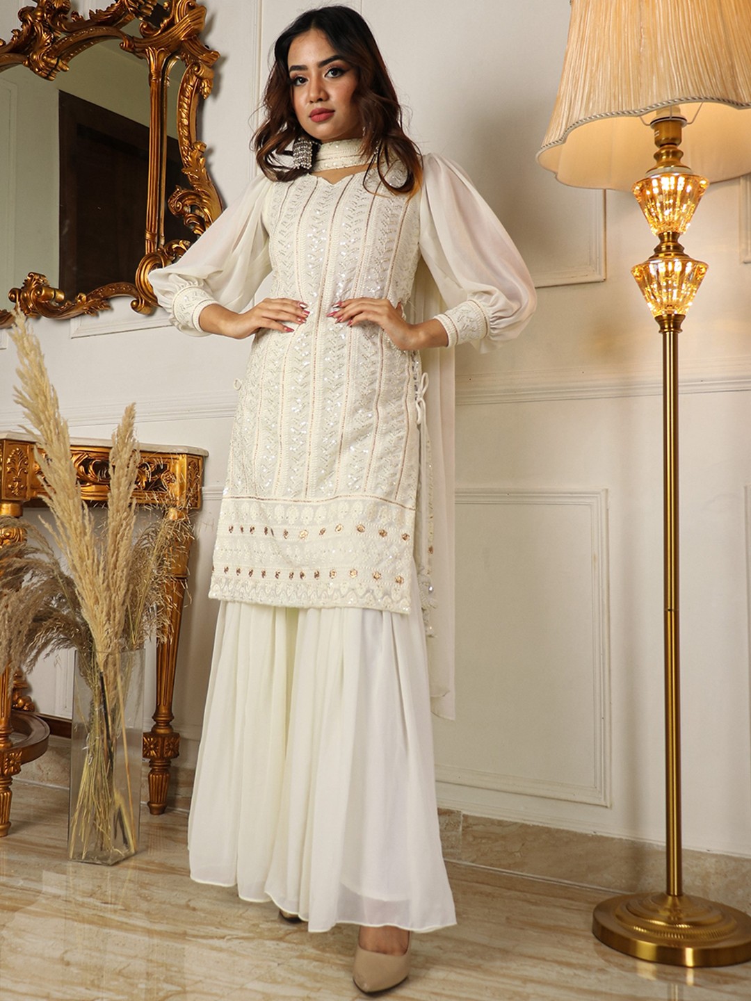 

Virah Fashion Ethnic Motifs Embroidered Top with Sharara & Dupatta, Cream