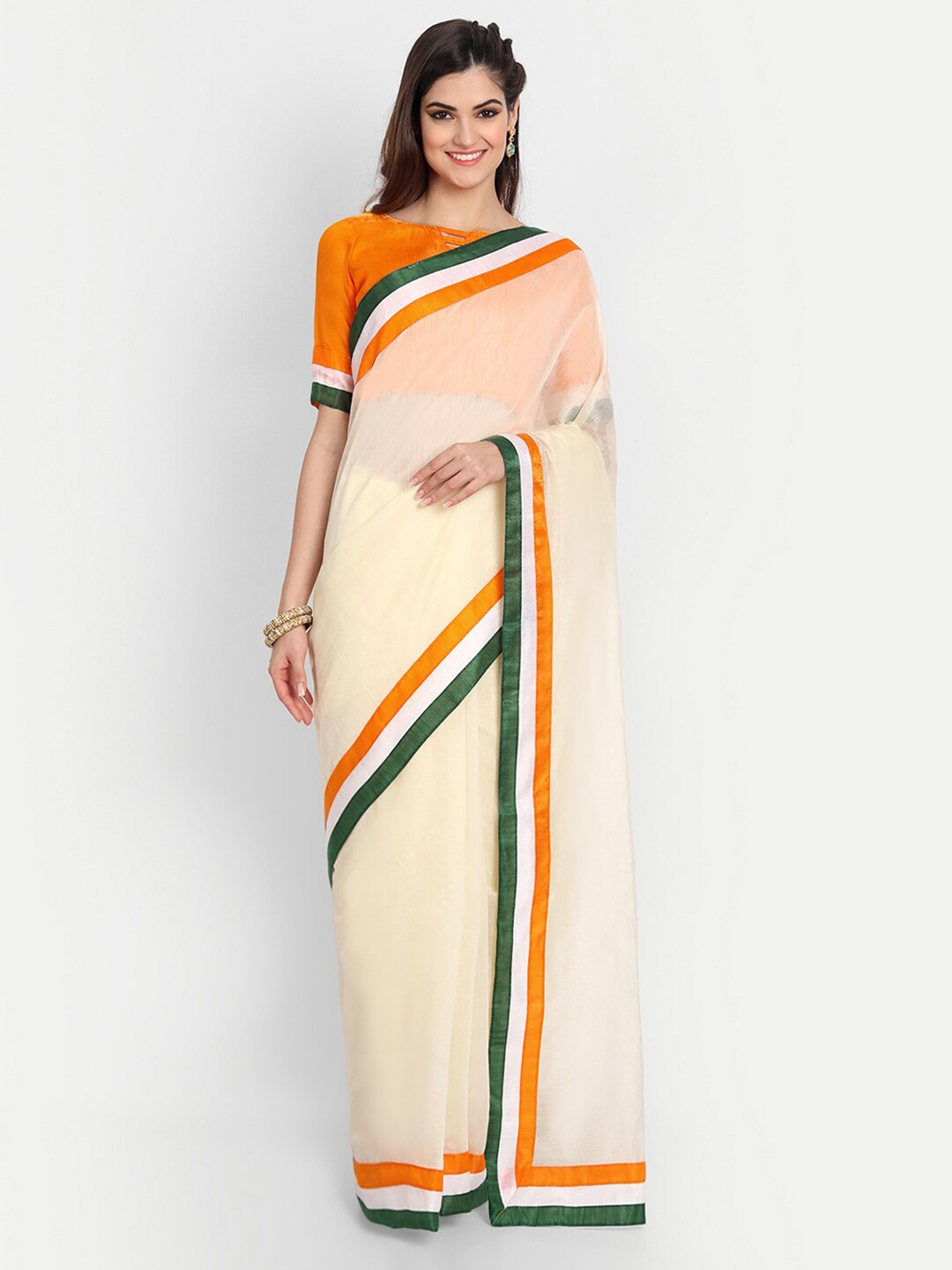

BAPS Patchwork Chanderi Saree, Cream