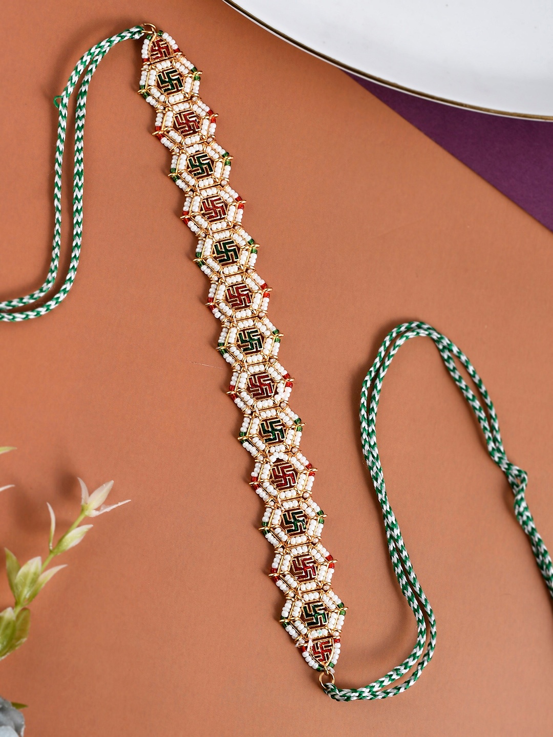 

Silvermerc Designs Women Gold-Plated Pearls Beaded Meenakari Head Chain, White