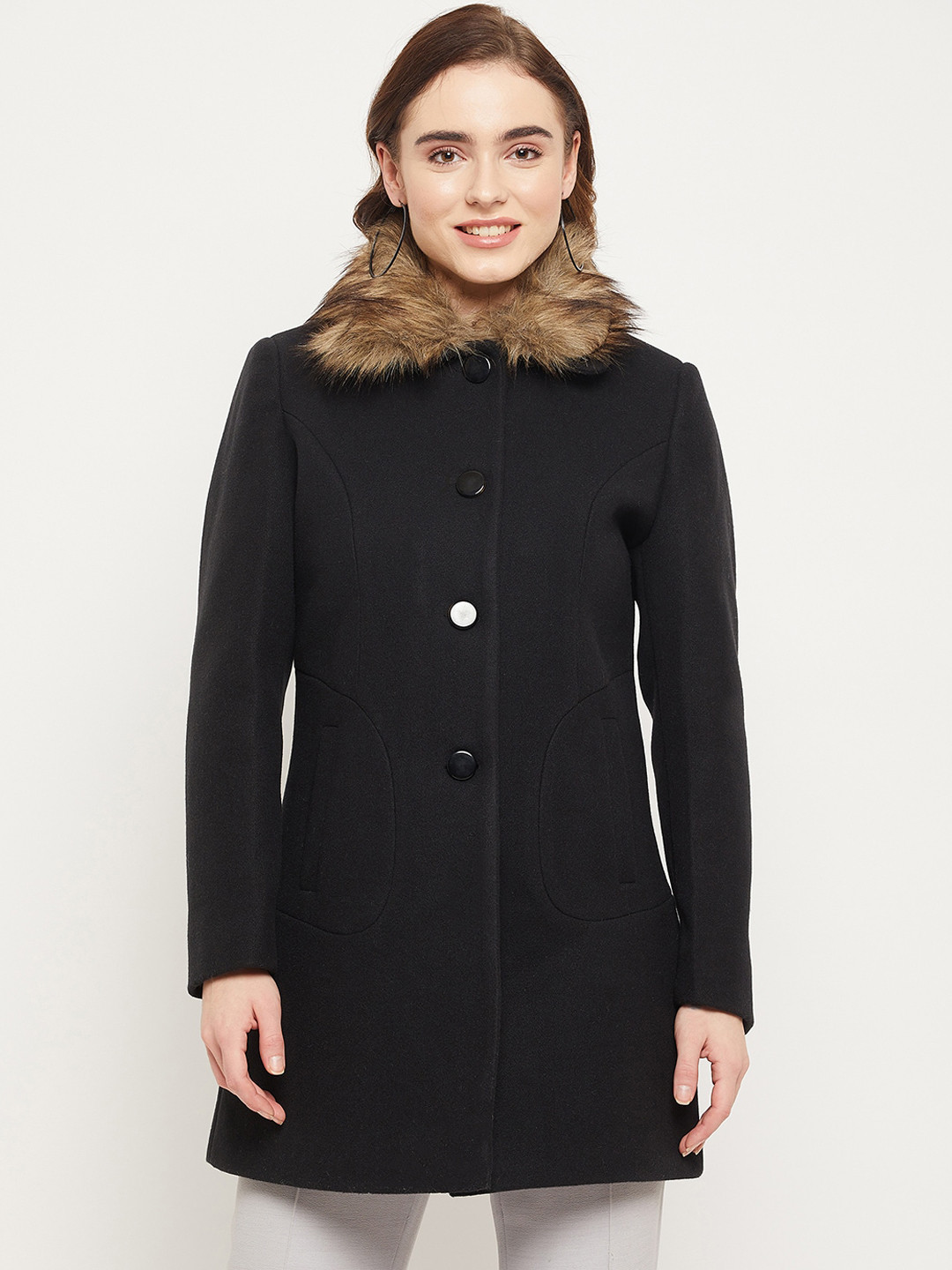 

Duke Women Wool Single Breasted Fur Collar Winter Overcoat, Black
