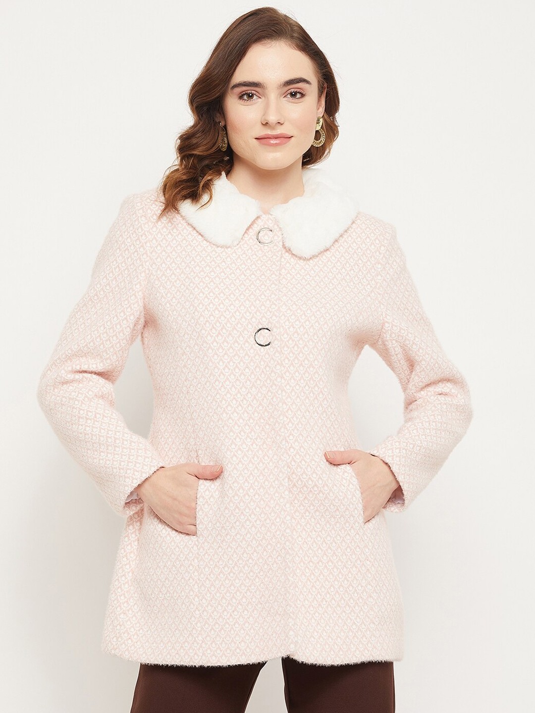 

Duke Women Self Design Single-Breasted Woolen Pea Coat, Pink