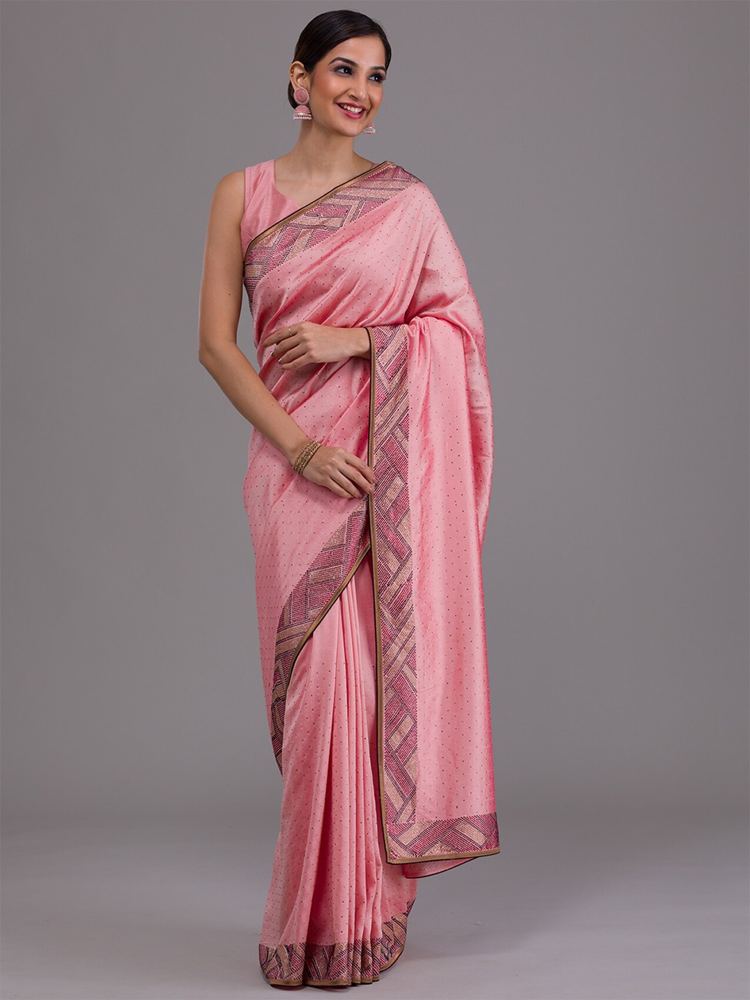 

Koskii Embellished Beads and Stones Satin Saree, Pink