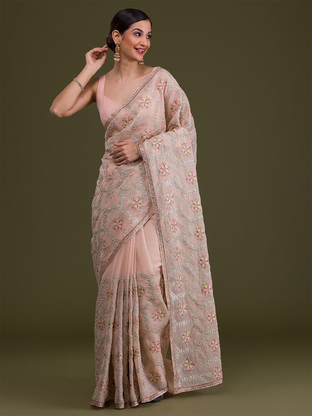 

Koskii Floral Embroidered Saree, Peach