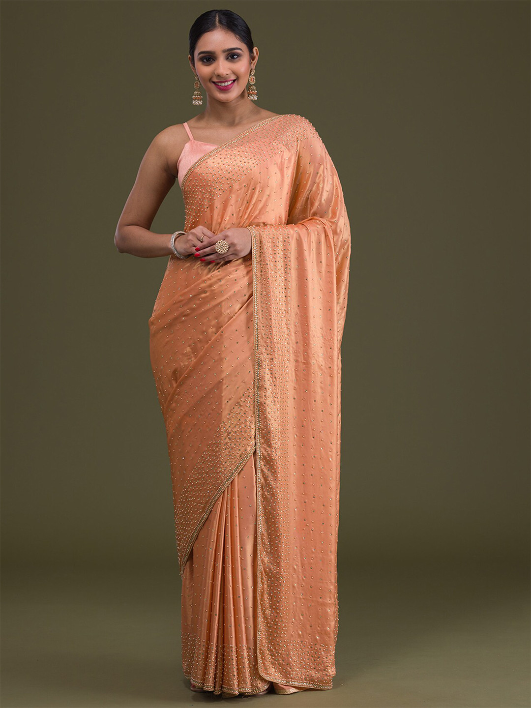 

Koskii Embellished Beads and Stones Satin Saree, Peach