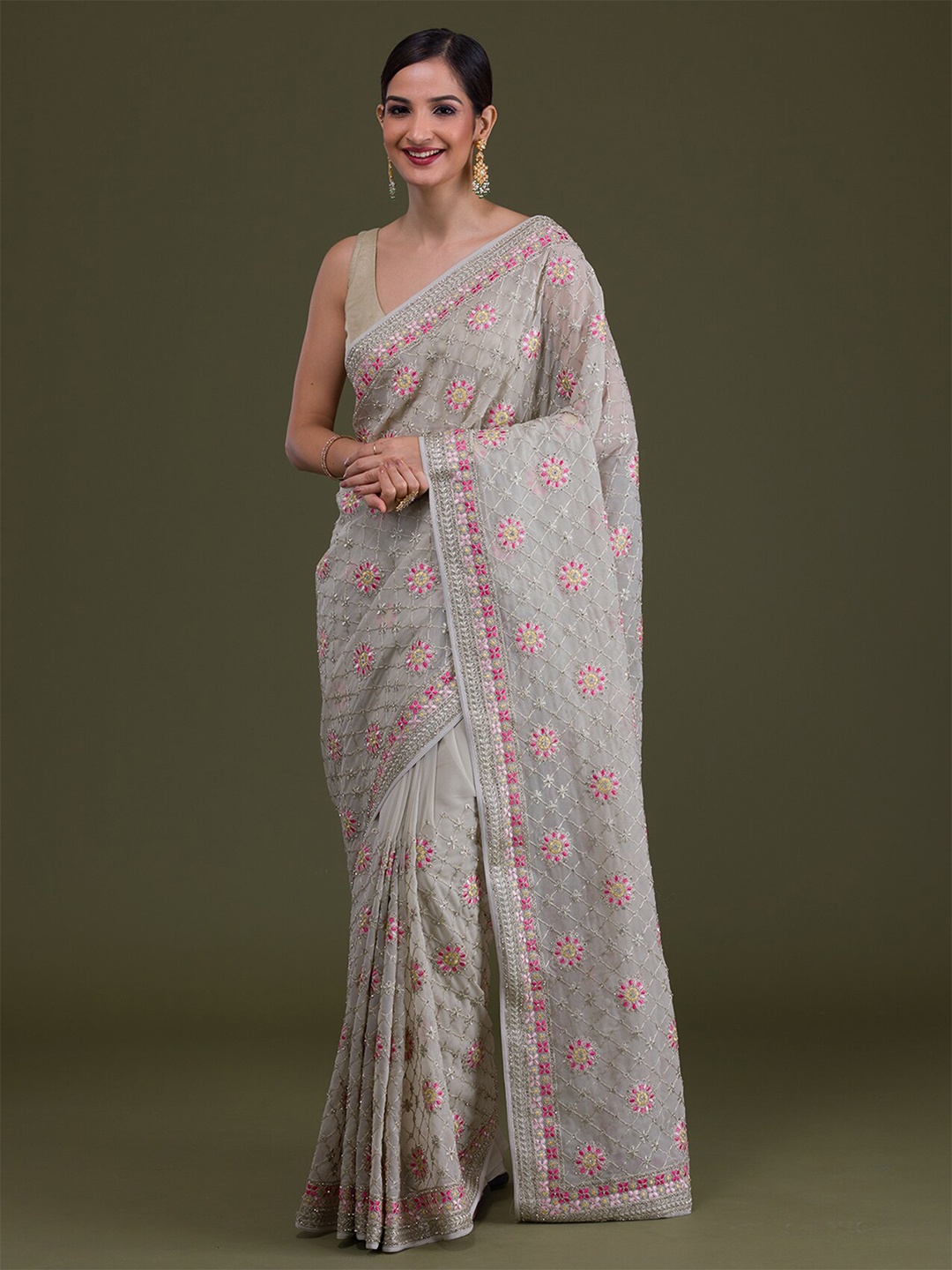 

Koskii Floral Embroidered Sequinned Saree, Grey