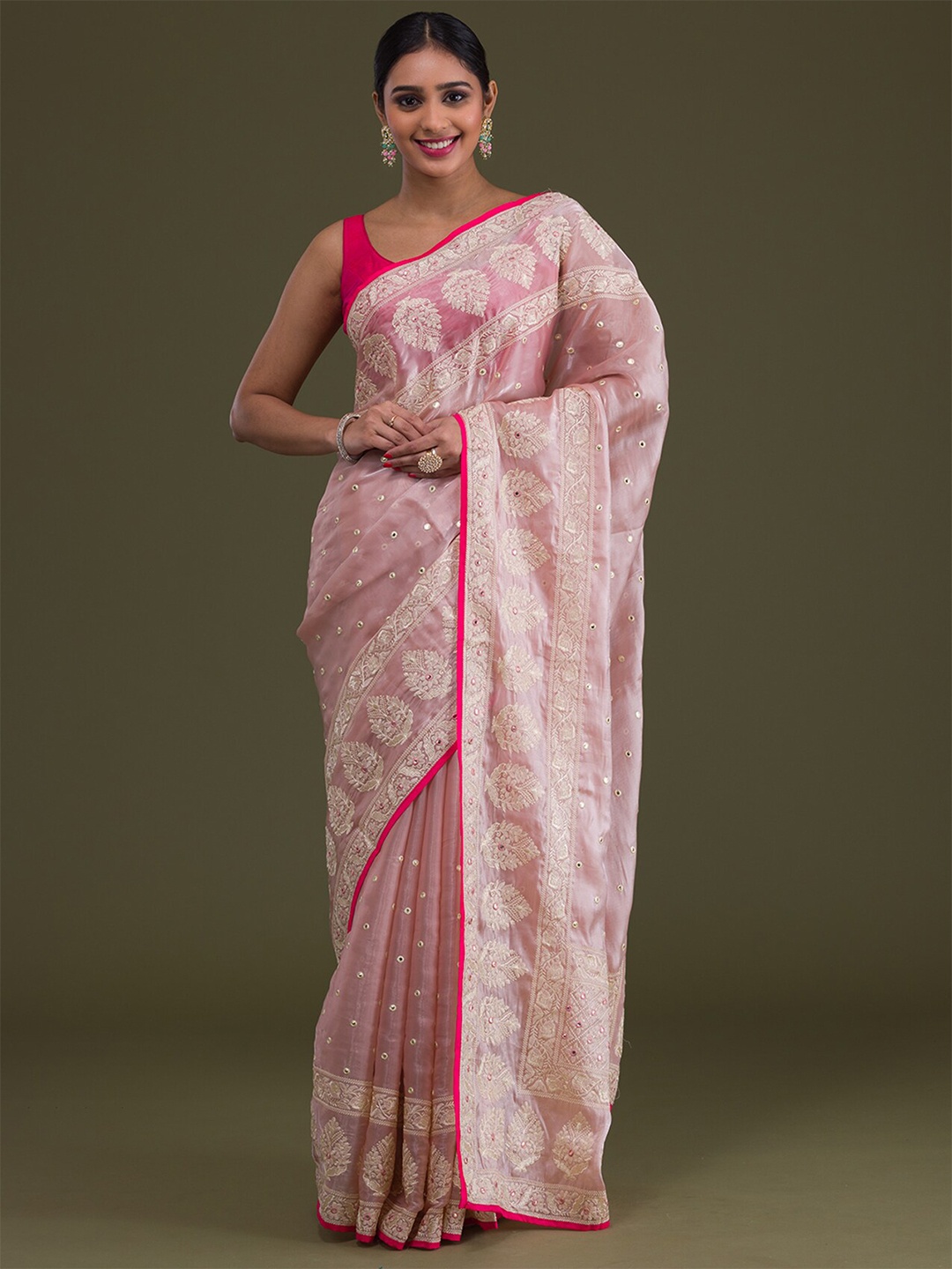 

Koskii Floral Embroidered Organza Saree, Pink