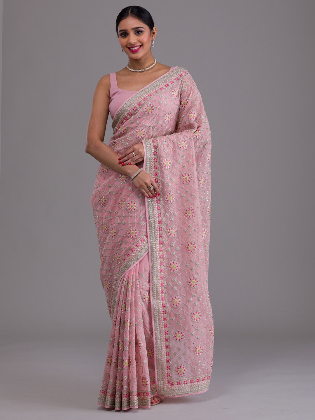 

Koskii Floral Beads And Stones Embroidered Saree, Pink