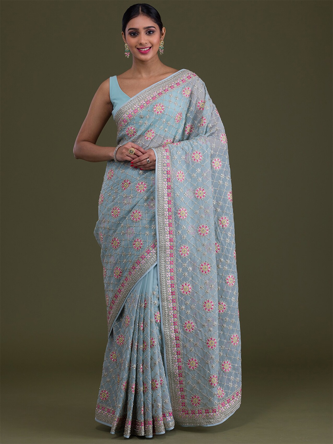 

Koskii Floral Beads And Stones Embroidered Saree, Green