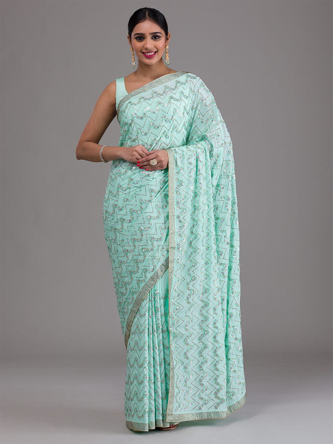 

Koskii Embellished Sequinned Saree, Green