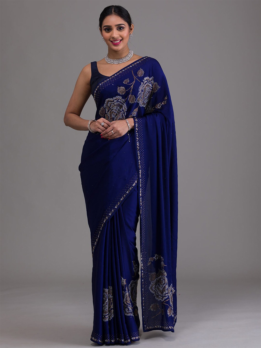 

Koskii Embellished Beads and Stones Satin Saree, Navy blue