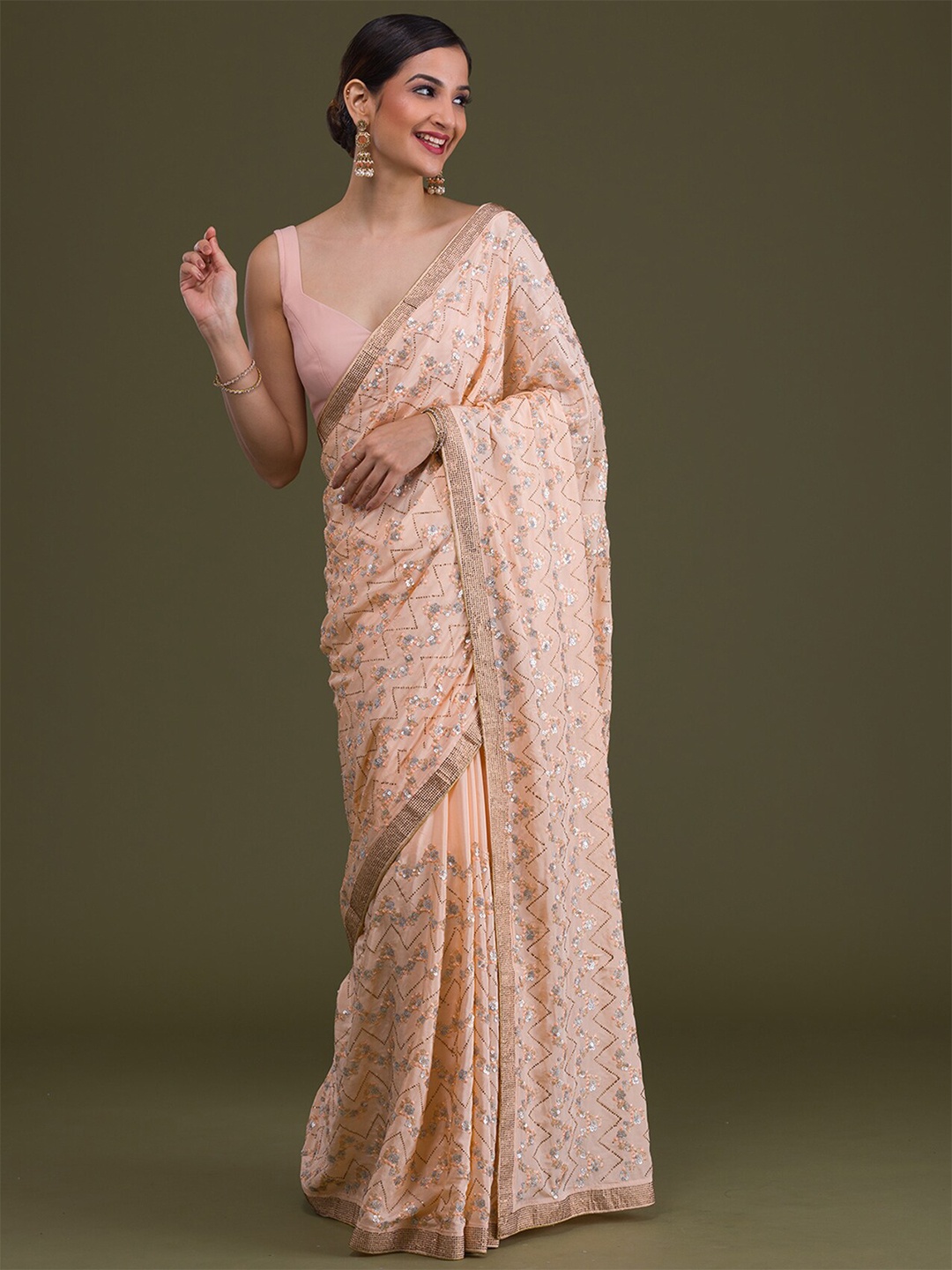 

Koskii Embellished Sequinned Saree, Peach
