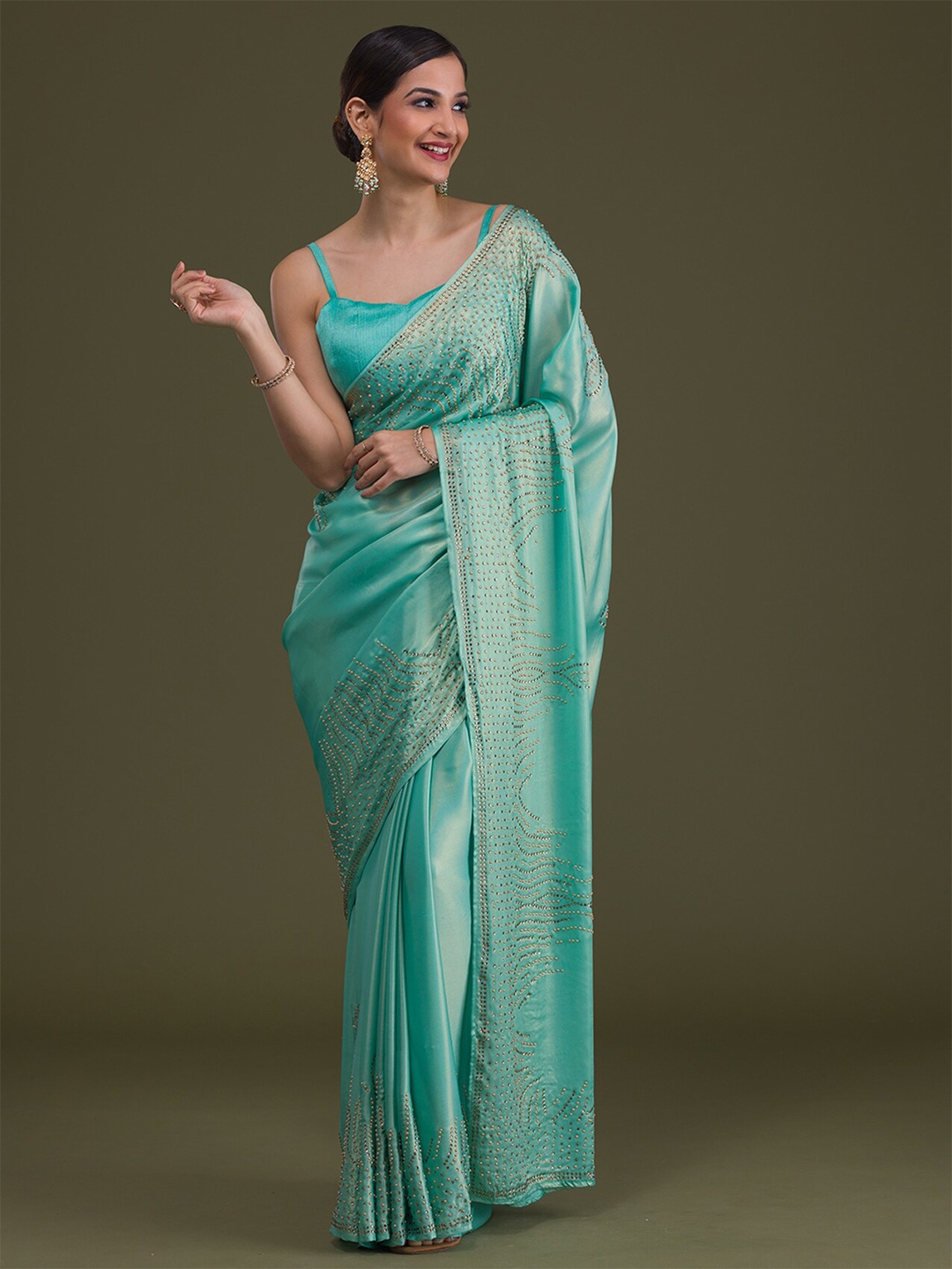 

Koskii Embellished Beads and Stones Satin Saree, Green
