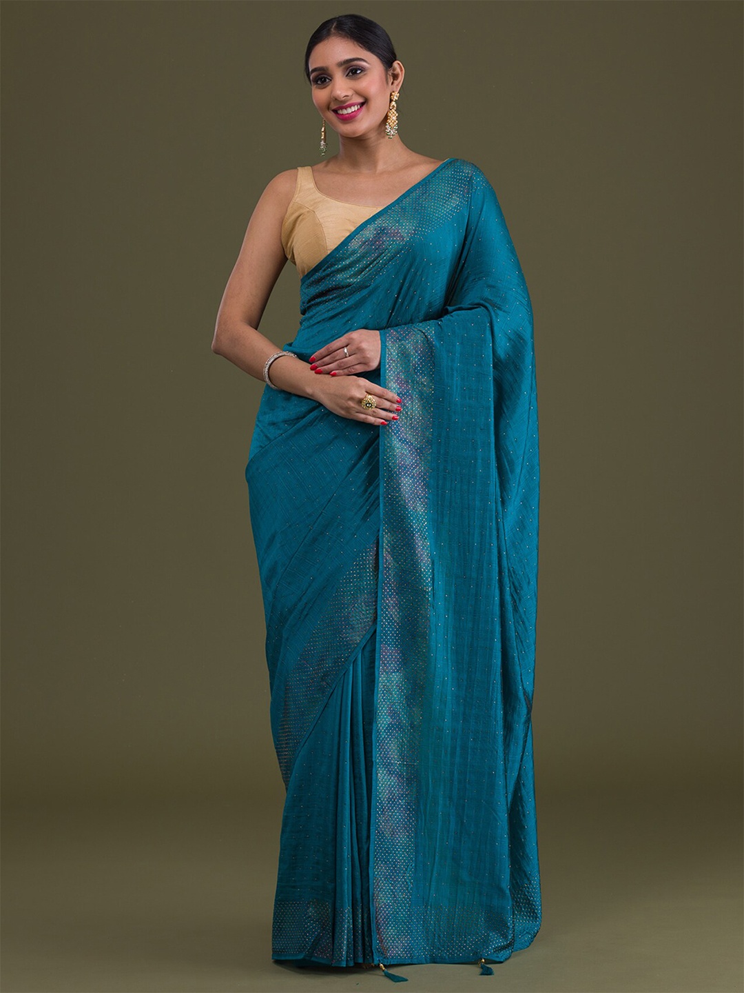 

Koskii Embellished Beads and Stones Art Silk Saree, Blue