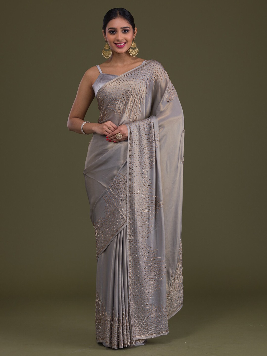

Koskii Embellished Beads and Stones Satin Saree, Grey