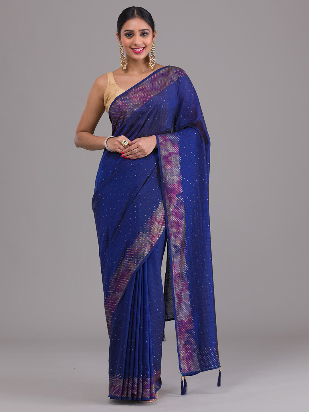 

Koskii Embellished Beads and Stones Art Silk Saree, Navy blue