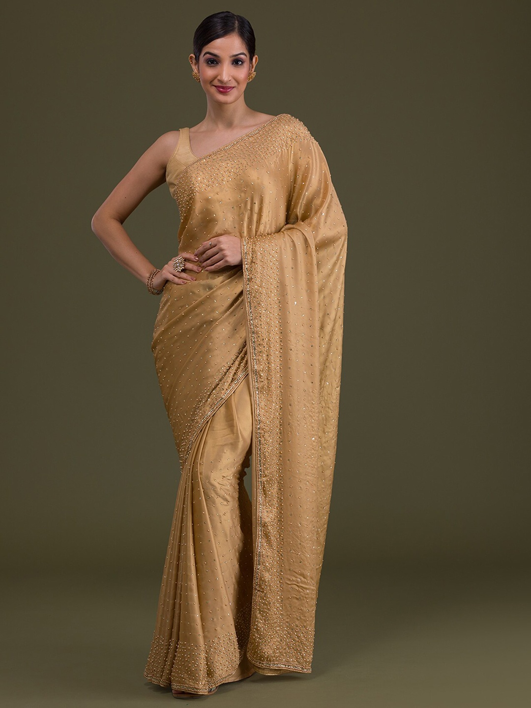 

Koskii Embellished Beads and Stones Satin Saree, Gold