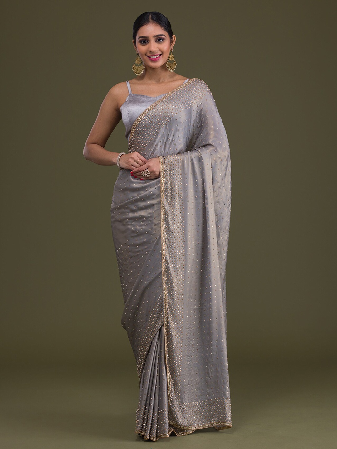 

Koskii Embellished Beads and Stones Satin Saree, Grey