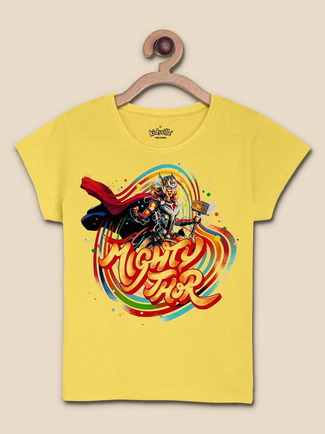 

Kids Ville Thor Printed Tshirt For Kids Girls, Yellow