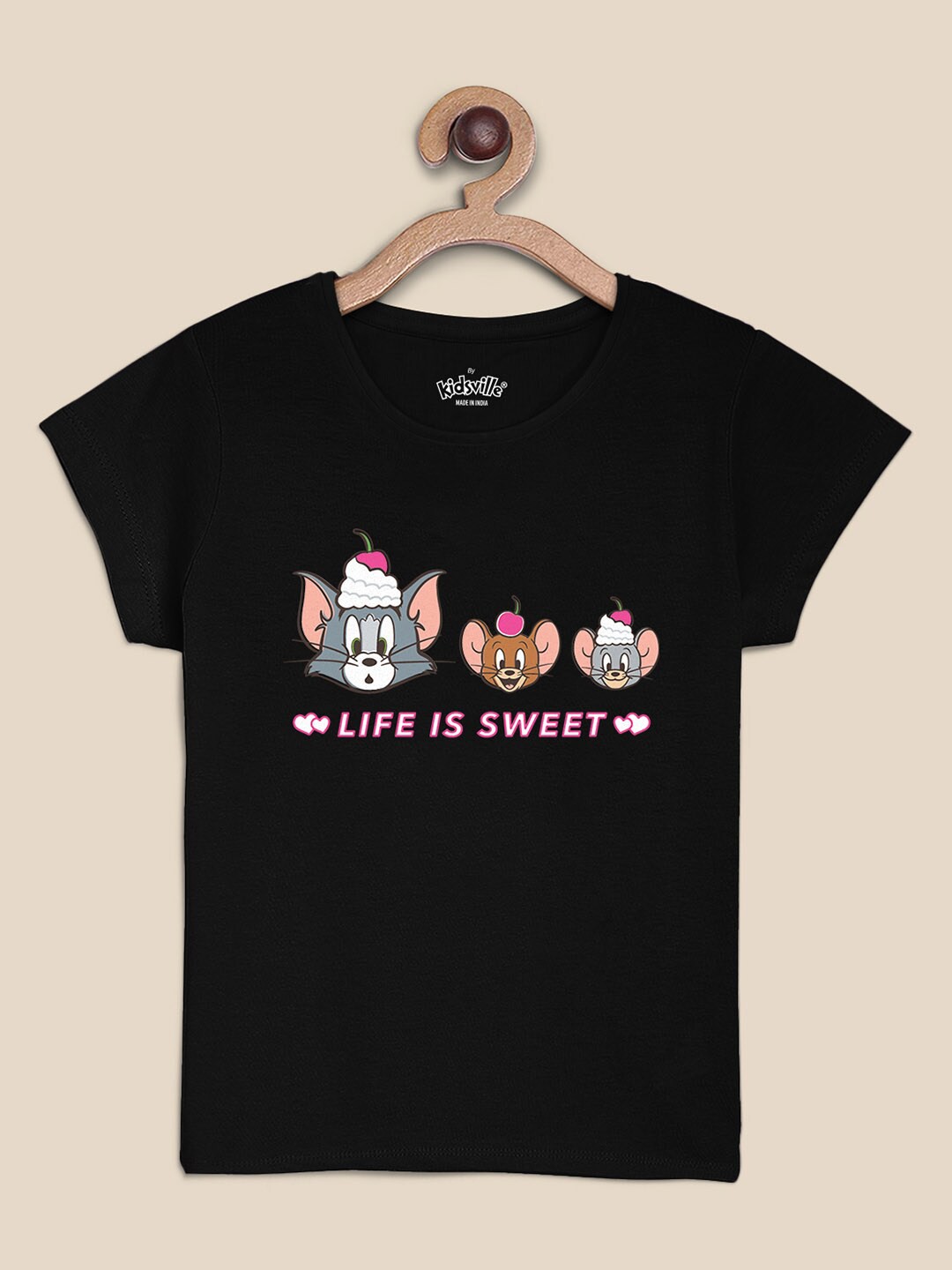 

Kids Ville Girls Tom & Jerry Printed Cotton T-shirt, Black