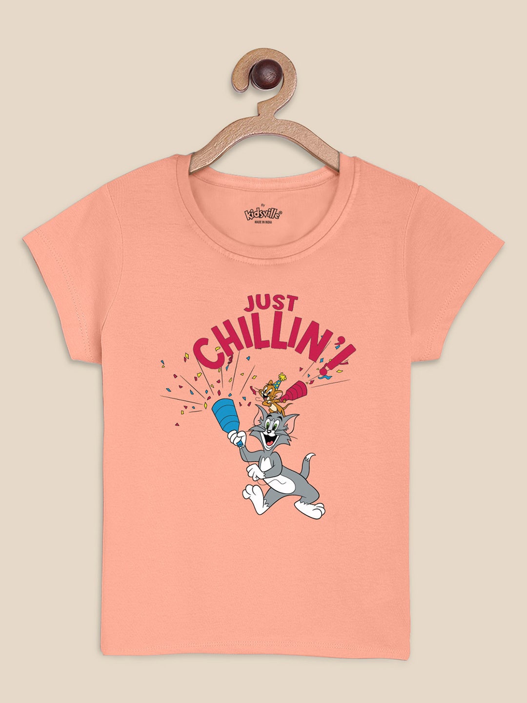 

Kids Ville Tom & Jerry Printed Tshirt For Kids Girls, Peach