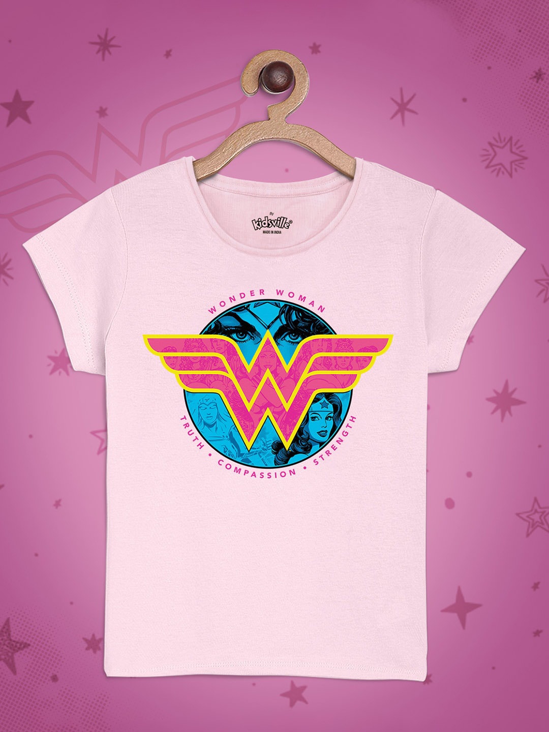 

Kids Ville Girls Wonder Woman Printed T-shirt, Pink