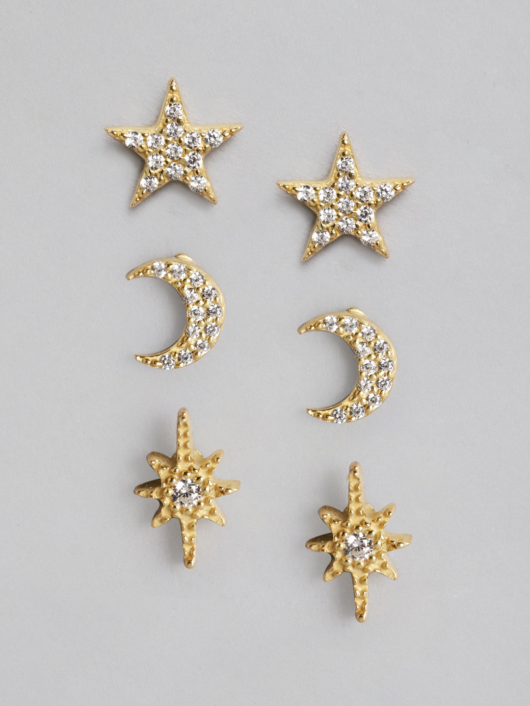 

Zavya Set Of 3 92.5 Sterling Silver Gold-Plated Star Shaped Studs Earrings