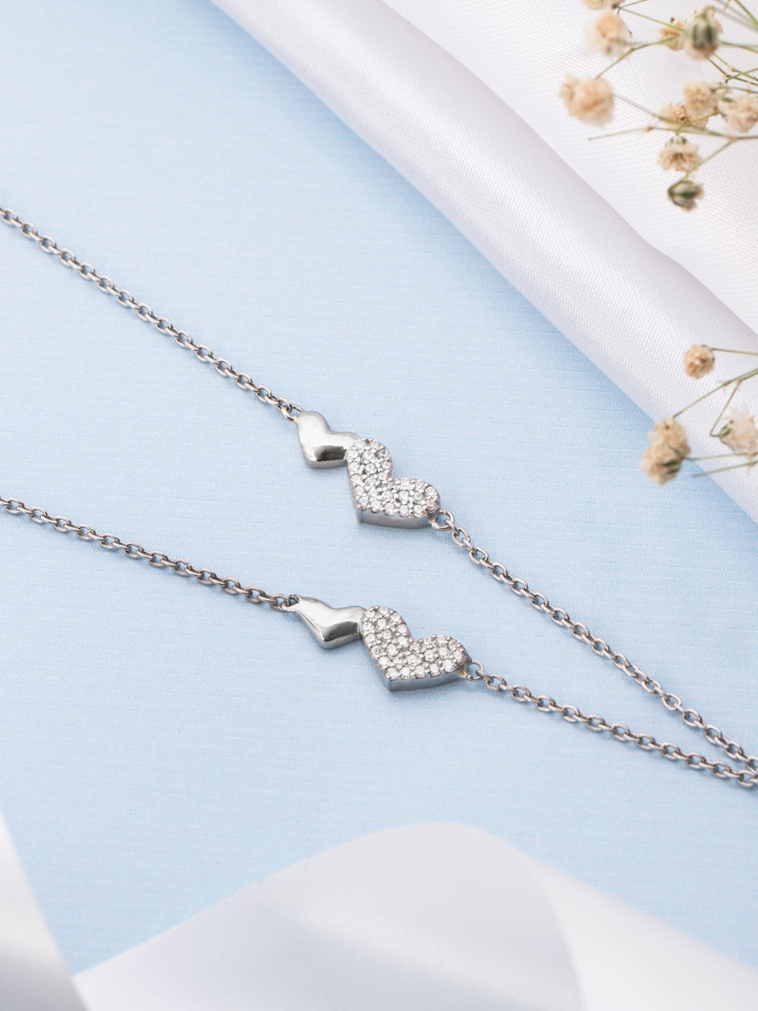 

Zavya Women Set Of 2 Sterling Silver Cubic Zirconia Rhodium-Plated Charm Bracelet