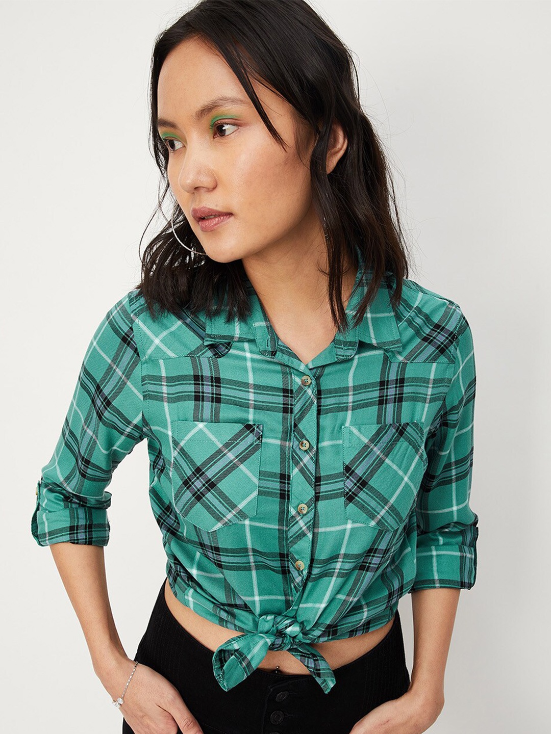 

max Women Tartan Checked Casual Shirt, Green