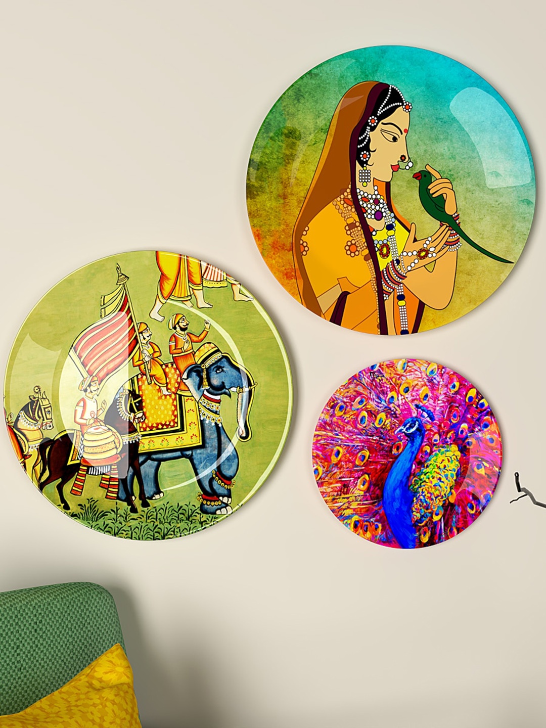 

WALLMANTRA Green and Blue Set Of 3 Ceramic Madhubani Painting Wall Plates