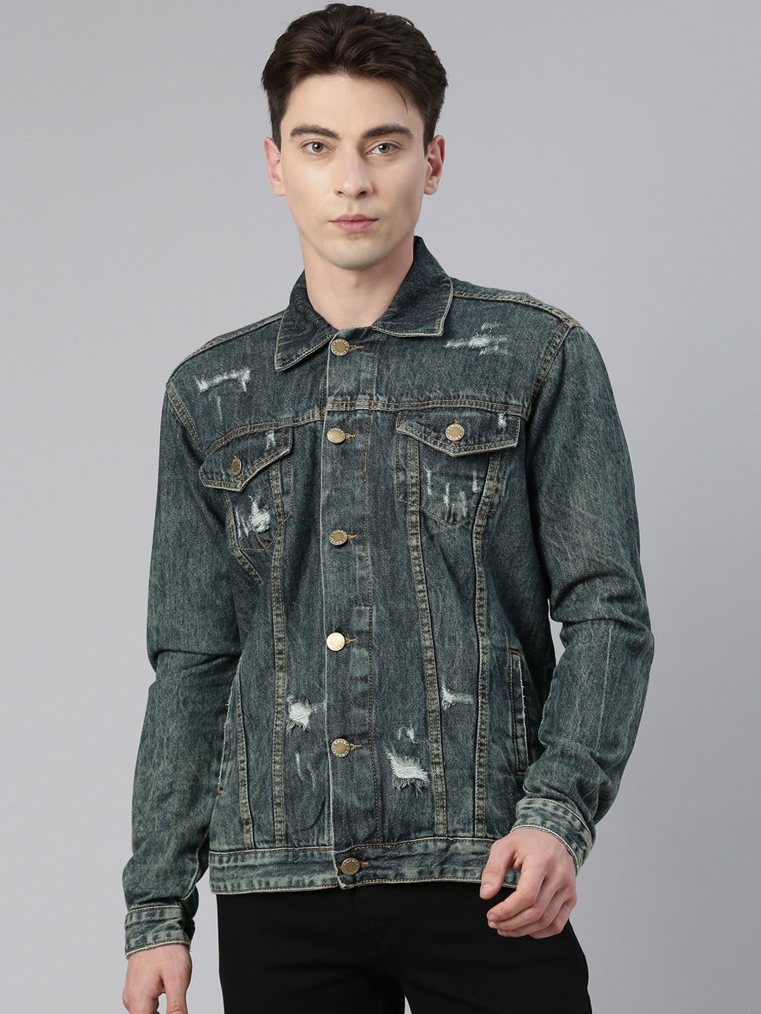 

CINOCCI Men Washed Windcheater Denim Jacket, Blue
