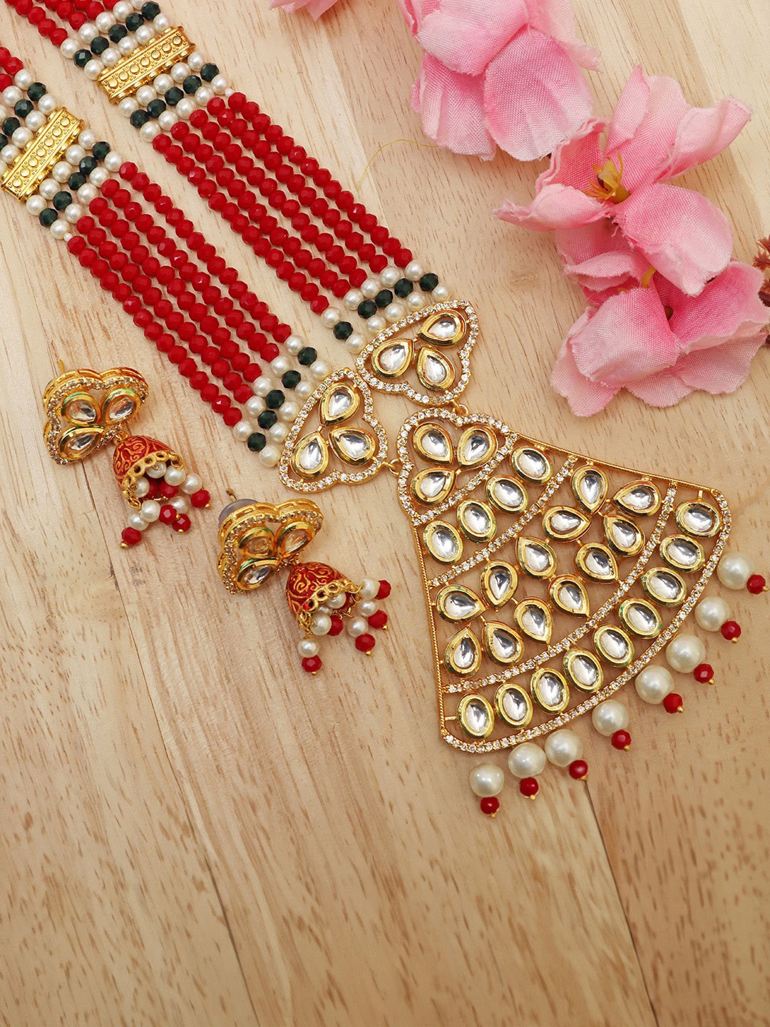 

Ozanoo Red & Gold-Plated Kundan Jaipuri Long Jewellery Set