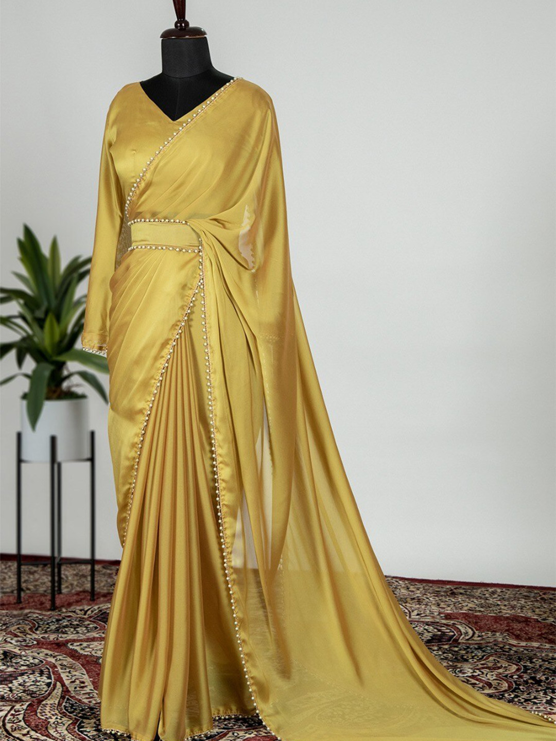 

TIEXA Beads and Stones Pure Silk Saree, Yellow