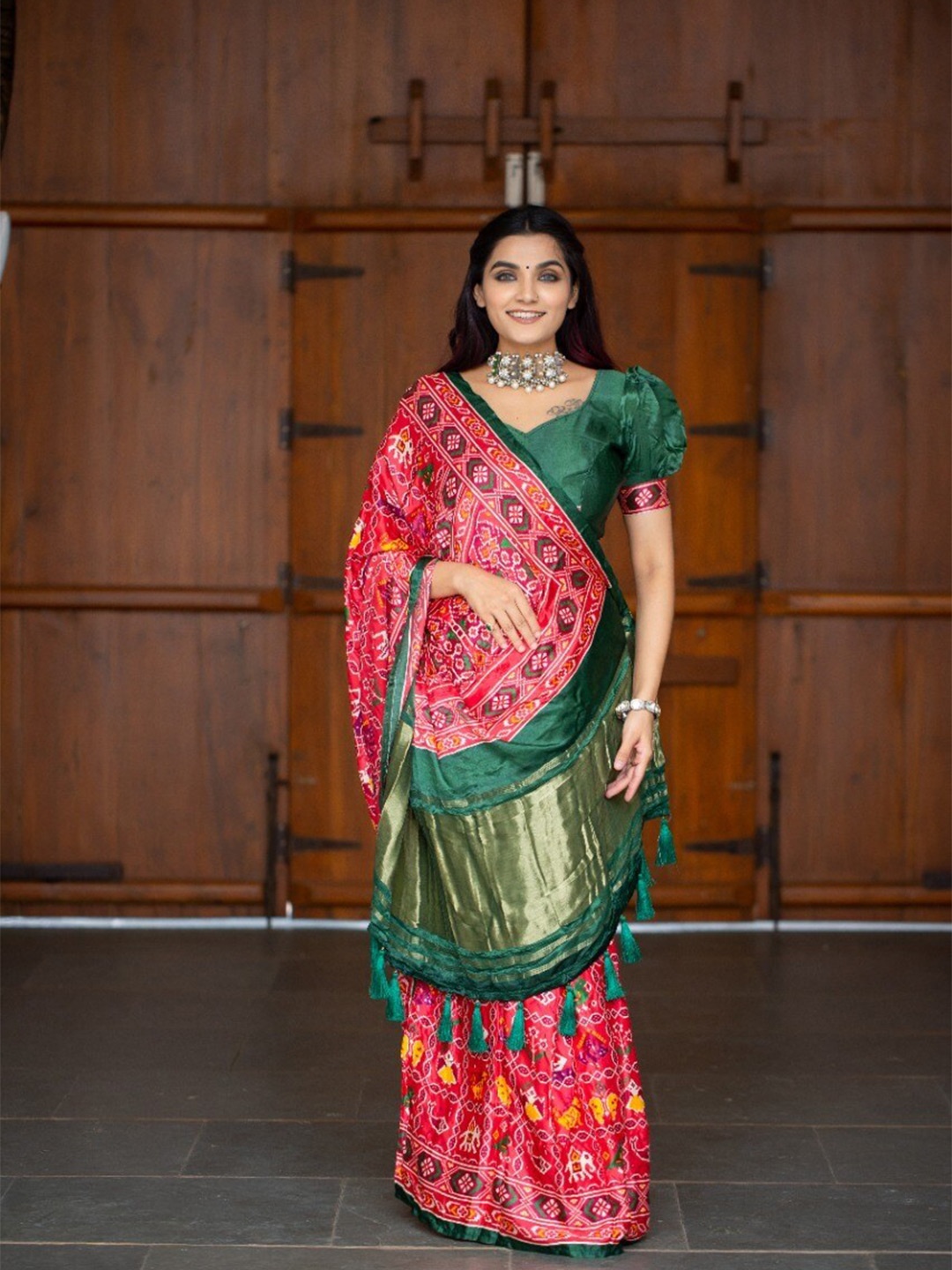 

TIEXA Ethnic Motifs Pure Silk Patola Saree, Pink