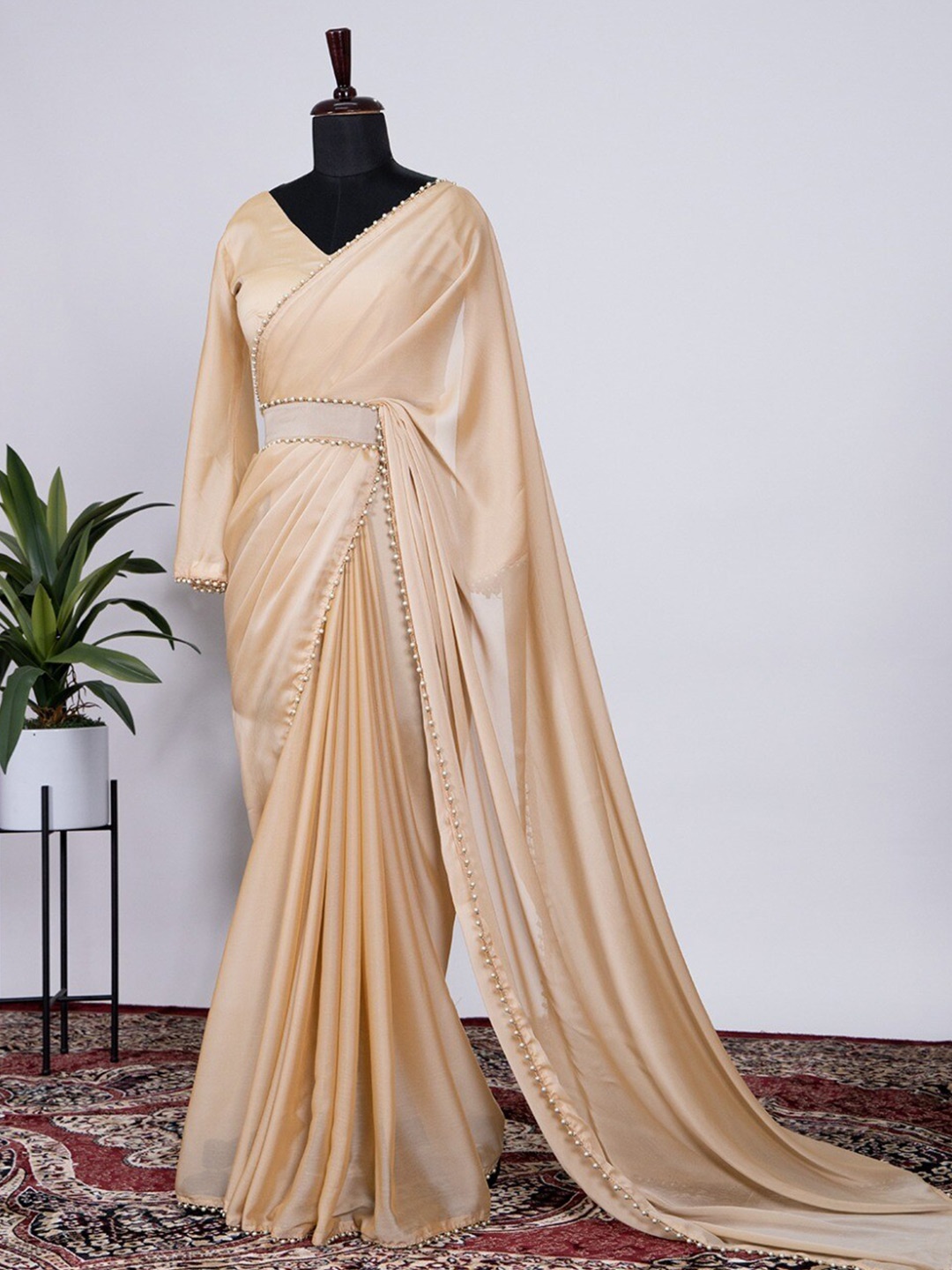 

TIEXA Beads and Stones Pure Silk Saree, Cream