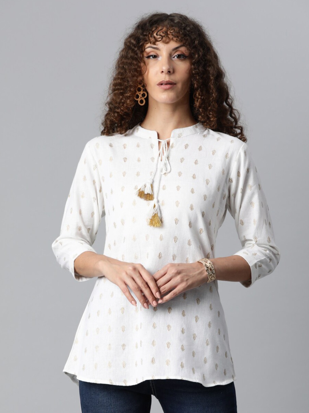 

KALINI Cotton Print Tie-Up Neck Longline Top, White
