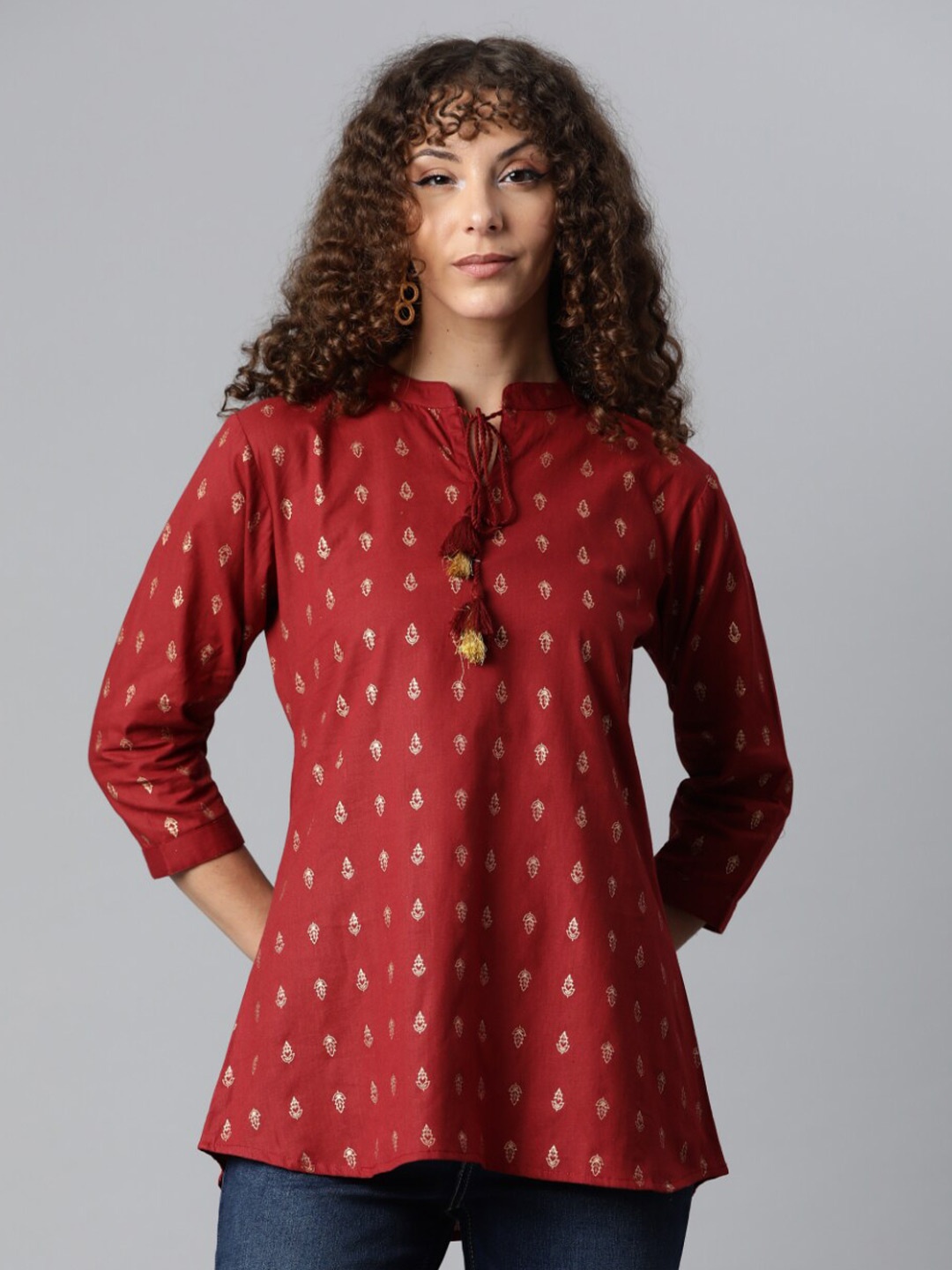 

KALINI Maroon & Gold-Toned Floral Print Tie-Up Neck Longline Top