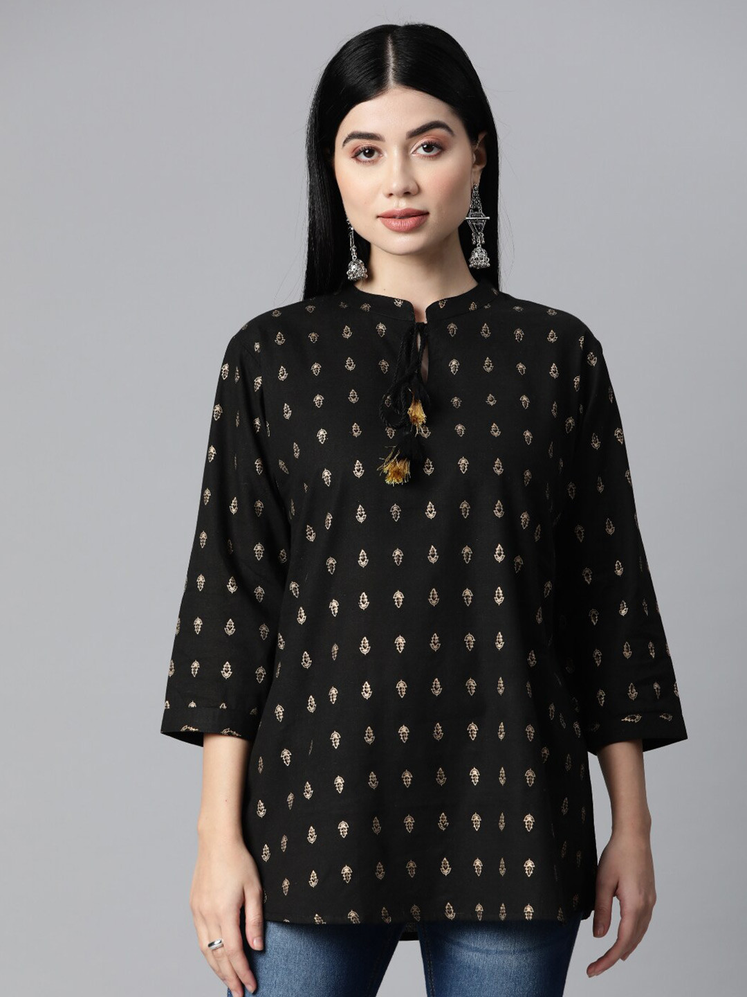 

KALINI Cotton Print Tie-Up Neck Longline Top, Black