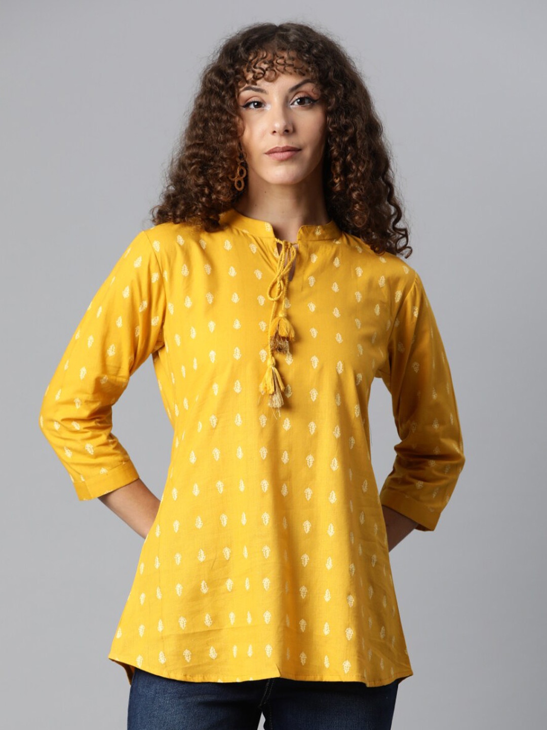 

KALINI Cotton Print Tie-Up Neck Longline Top, Yellow