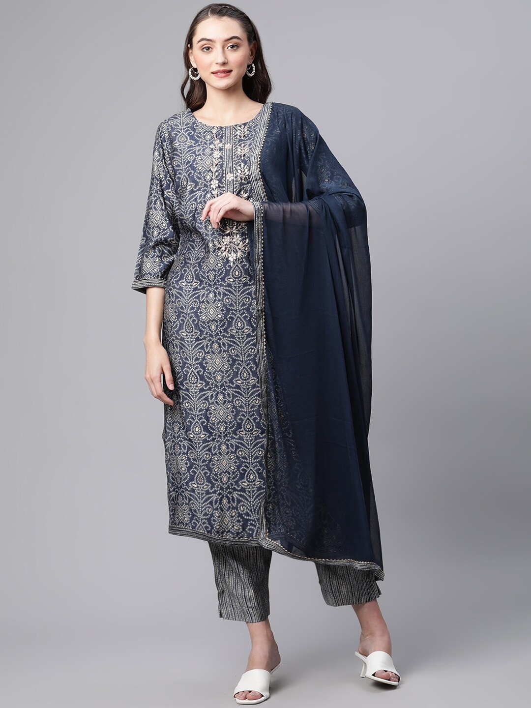 

Divena Women Bandhani Printed Zardozi Chanderi Silk Kurta with Trousers & Dupatta, Blue