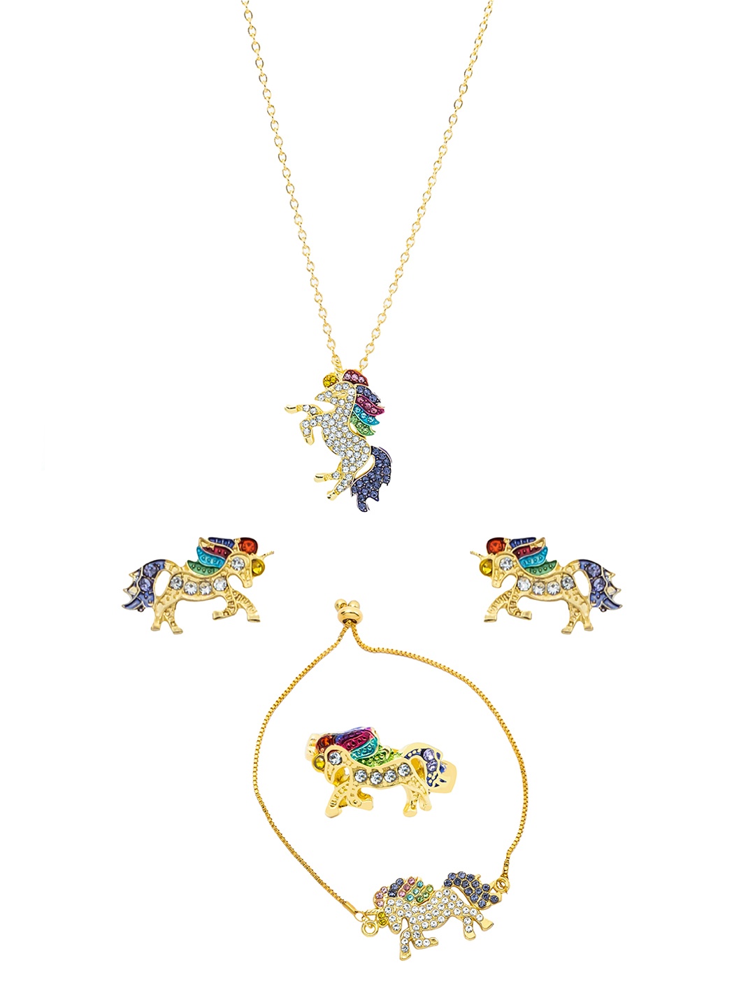 

Melbees by Yellow Chimes Stone Studded Unicorn Pendant Set With Ring and Bracelet, Gold