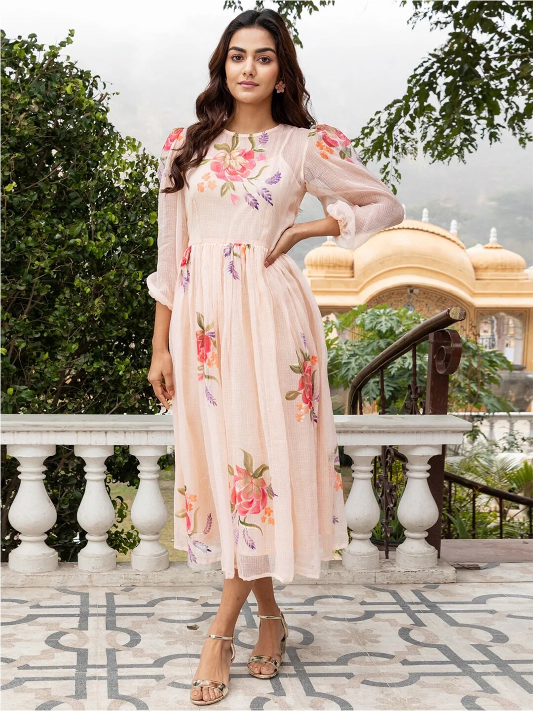 

Ambraee Floral Midi Puff Sleeve Cotton Dress, Peach