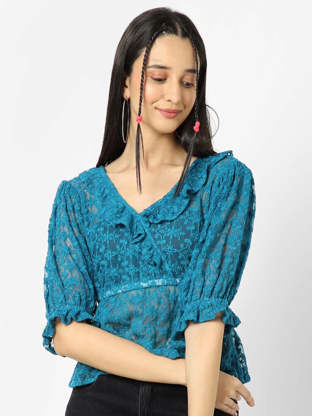 

VASTRADO Floral Printed Lace Empire Top, Turquoise blue