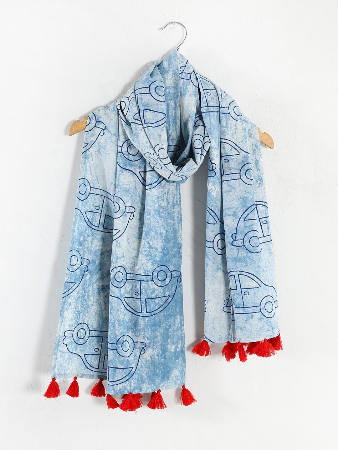 

HANDICRAFT PALACE Women Car Printed Cotton Tasseled Scarf, Blue