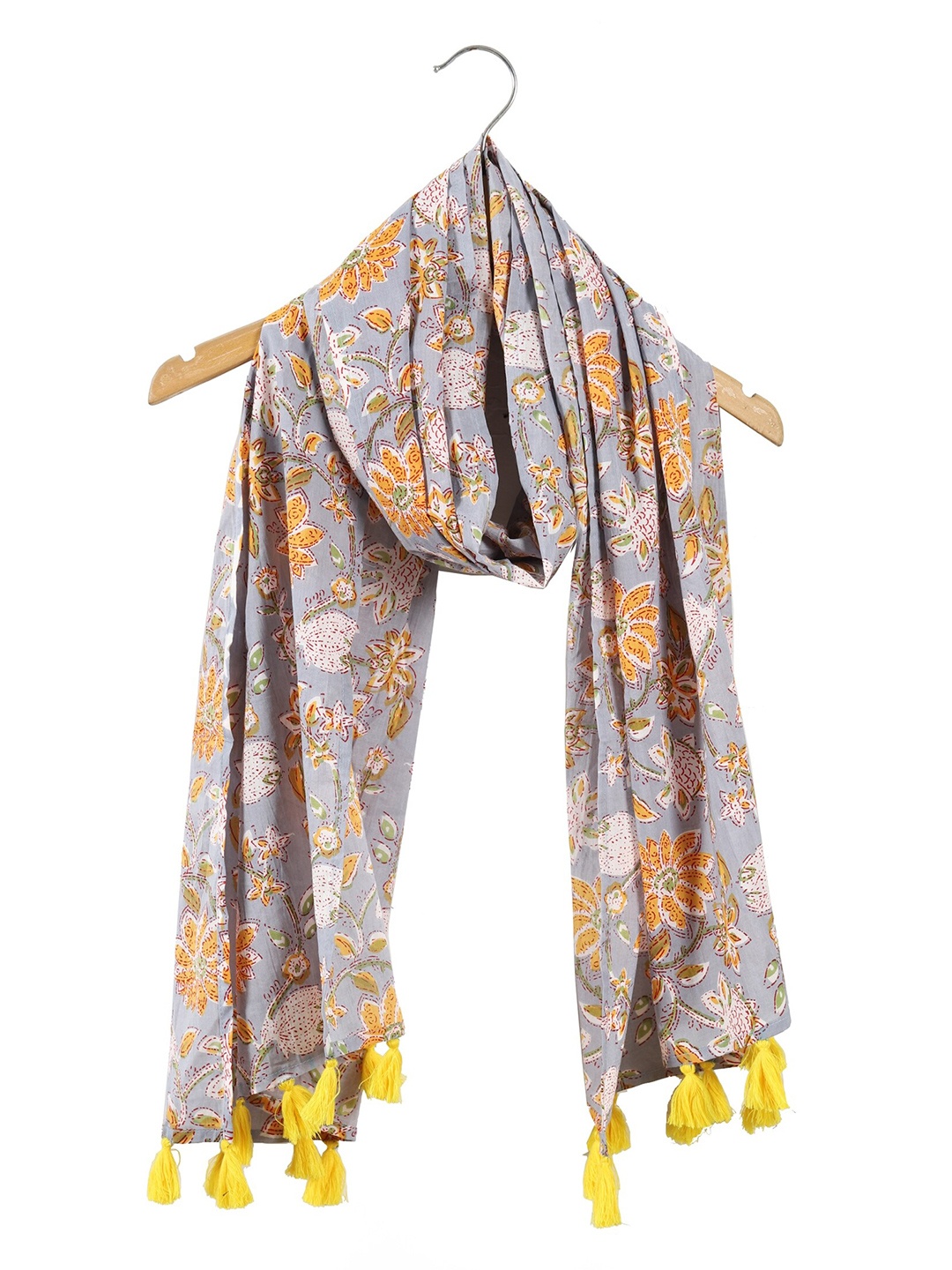 

HANDICRAFT PALACE Women Floral Printed Cotton Tasseled Scarf, Grey