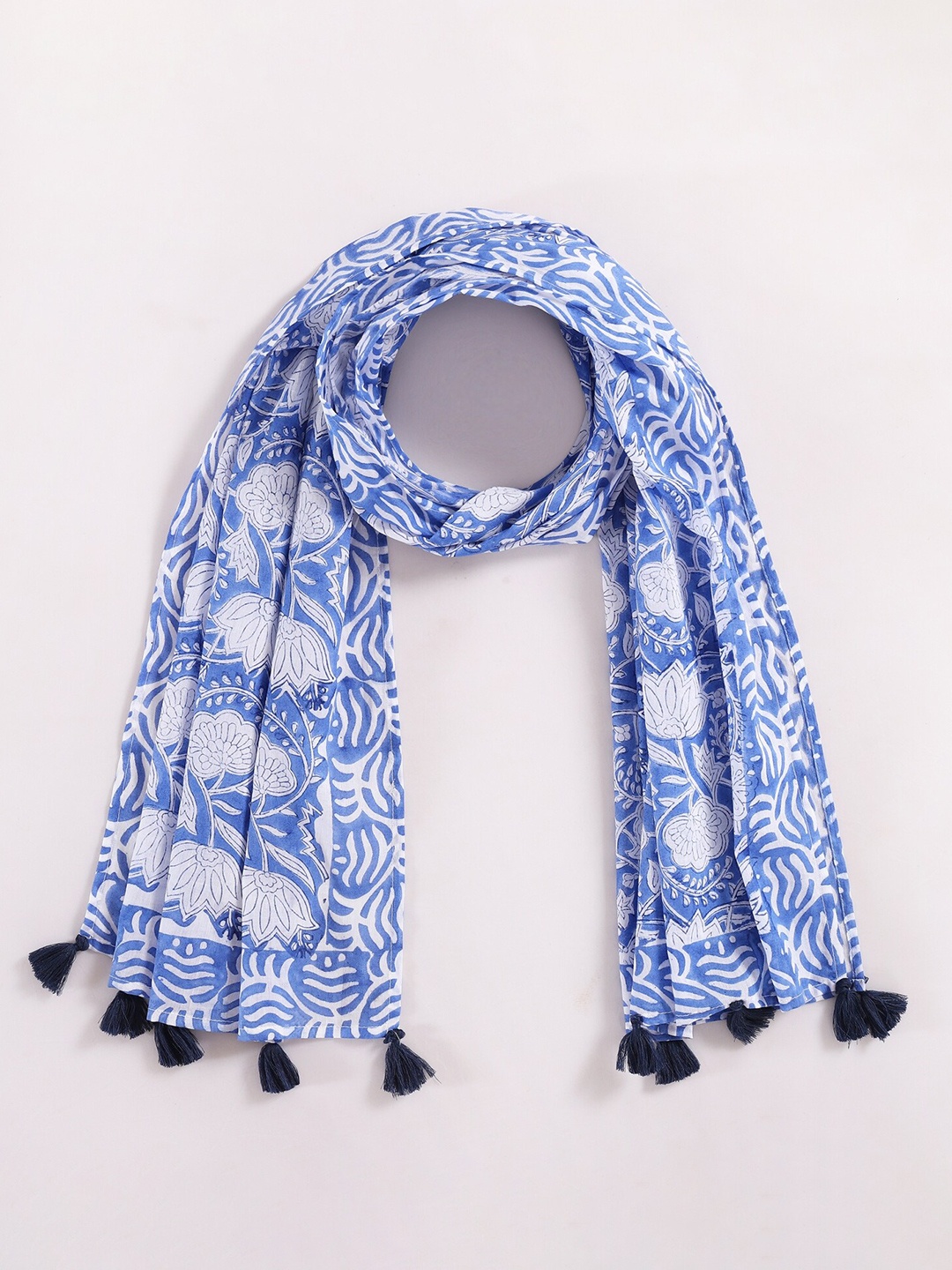 

HANDICRAFT PALACE Women Lotus Printed Cotton Tasseled Scarf, Blue