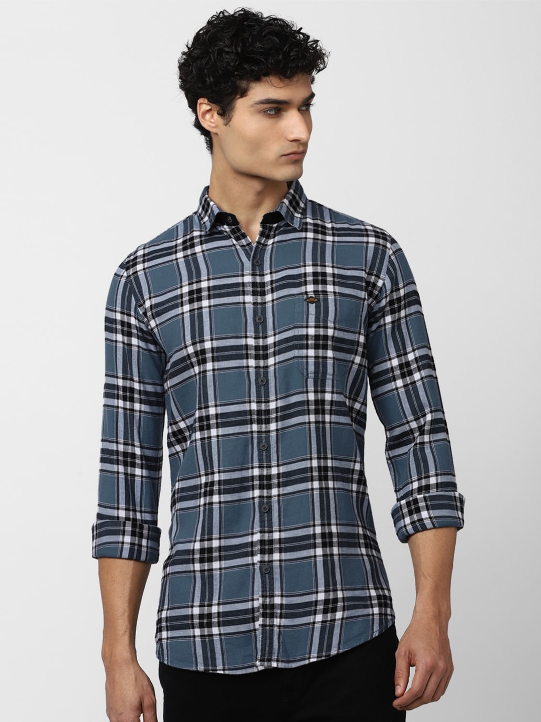 

VAN HEUSEN DENIM LABS Men Slim Fit Tartan Checks Checked Cotton Casual Shirt, Blue