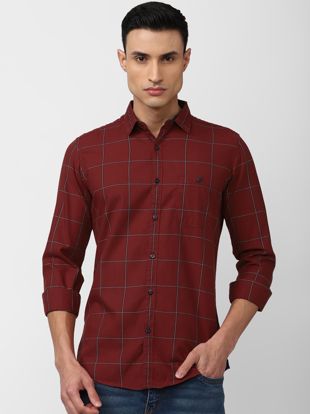 

VAN HEUSEN DENIM LABS Men Slim Fit Windowpane Checked Cotton Casual Shirt, Maroon
