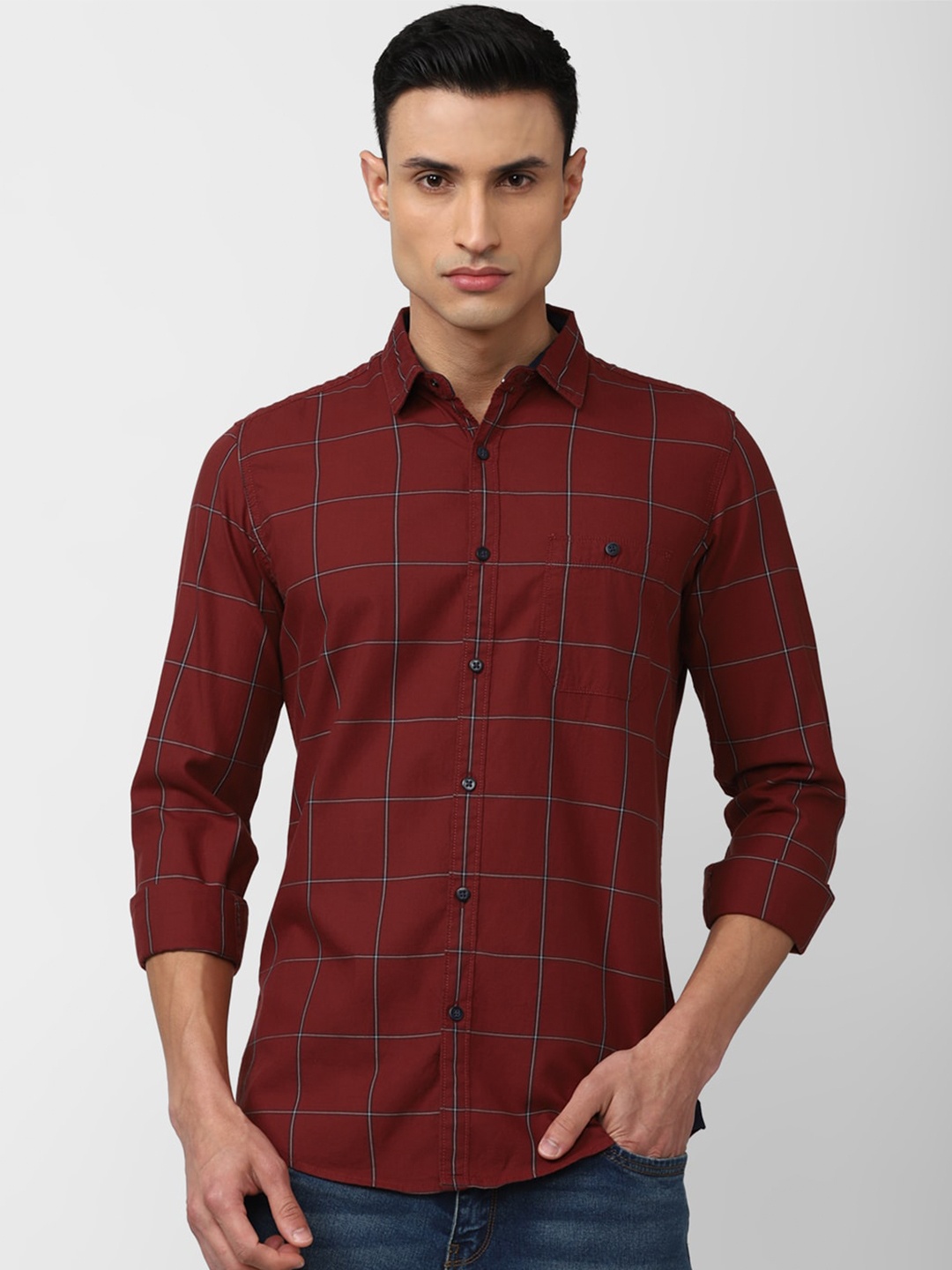 

VAN HEUSEN DENIM LABS Men Slim Fit Windowpane Checks Checked Casual Shirt, Maroon